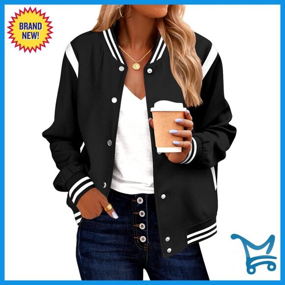 Jackets & Blazers - Lightweight Bomber Jacket Varsity Style Snap Button Casual Oversized Fit